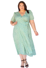 Load image into Gallery viewer, BLOOMCHIC WRAP VNECK MIDI DRESS GREEN PRINT, SIZES 16, 18, 20, 22
