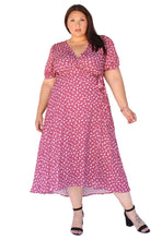 Load image into Gallery viewer, BLOOMCHIC WRAP VNECK MIDI DRESS PINK PRINT, SIZES 14, 16, 18,
