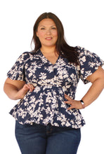 Load image into Gallery viewer, BLOOMCHIC FLORAL FLUTTER SLEEVE ELASTIC WAIST NAVY V NECK, SIZES 12, 14, 18, 20
