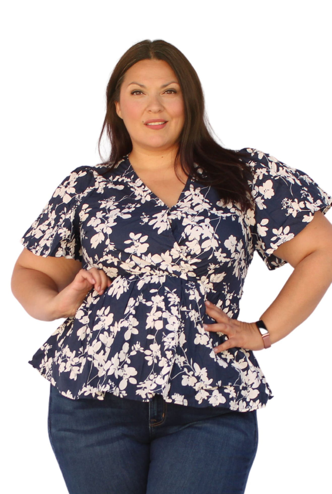 BLOOMCHIC FLORAL FLUTTER SLEEVE ELASTIC WAIST NAVY V NECK, SIZES 12, 14, 18, 20