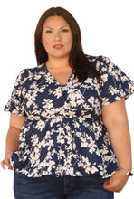 Load image into Gallery viewer, BLOOMCHIC FLORAL FLUTTER SLEEVE ELASTIC WAIST NAVY V NECK, SIZES 12, 14, 18, 20
