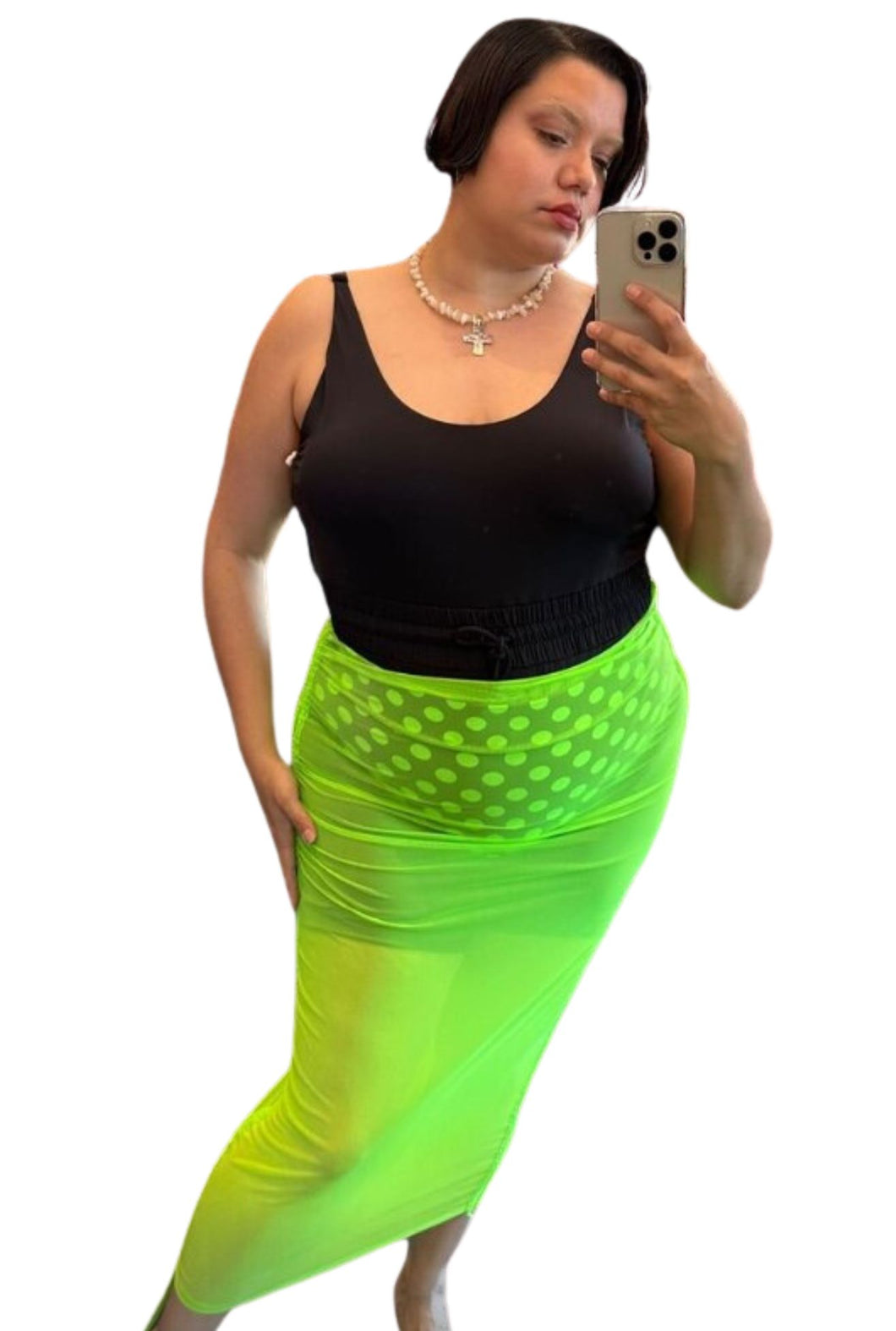 Alpine Butterfly Swim Neon Green and Polka Dot Swimsuit with Mesh Maxi Skirt Overlay, Size XL