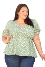 Load image into Gallery viewer, BLOOMCHIC GREEN FLORAL FLUTTER SLEEVE ELASTIC WAIST V NECK, SIZES 12, 14, 20, 22
