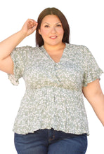 Load image into Gallery viewer, BLOOMCHIC DITSY FLORAL FLUTTER SLEEVE ELASTIC WAIST GREEN V NECK, SIZES 12, 14, 16, 18, 20, 22, 24
