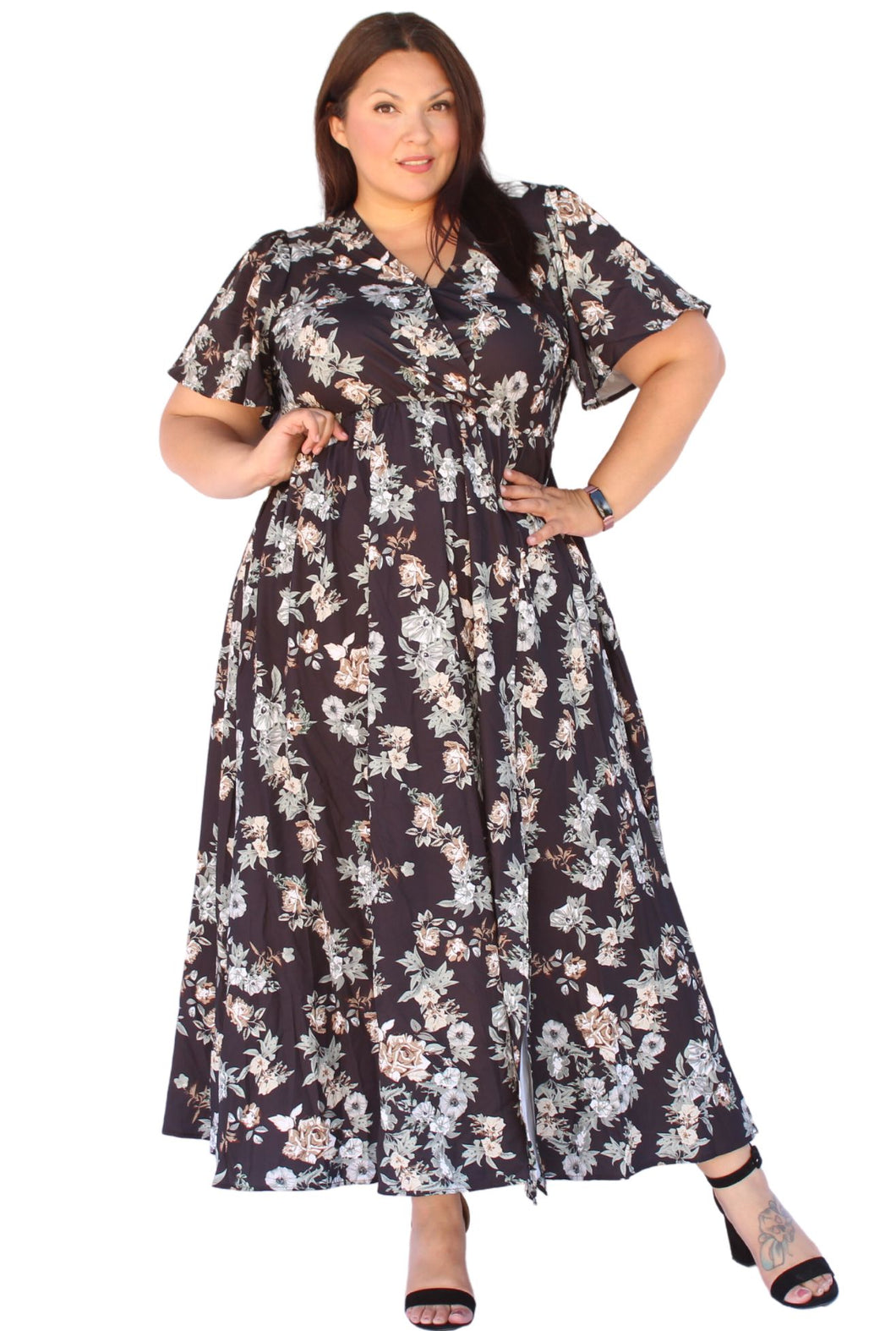 BLOOMCHIC BLACK FLORAL VNECK MAXI DRESS, SIZES 14, 16, 18, 20, 22