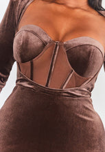 Load image into Gallery viewer, NWT Pretty Little Thing Chocolate Velvet Cut Out Corset Bodycon Dress, Size 12 and 16
