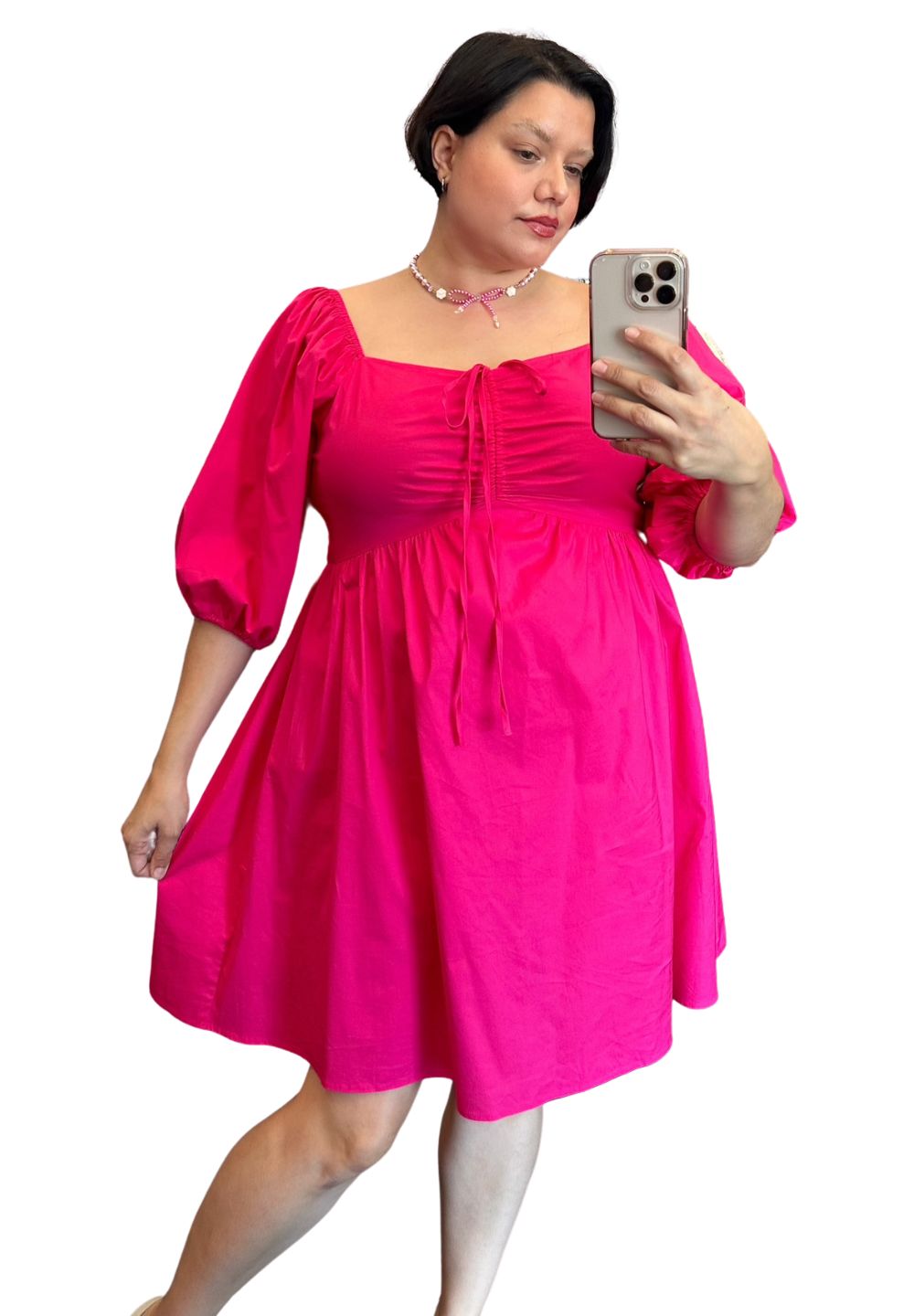 ELOQUII Elements Pink Ruched Dress with Puff Sleeves, Size 18