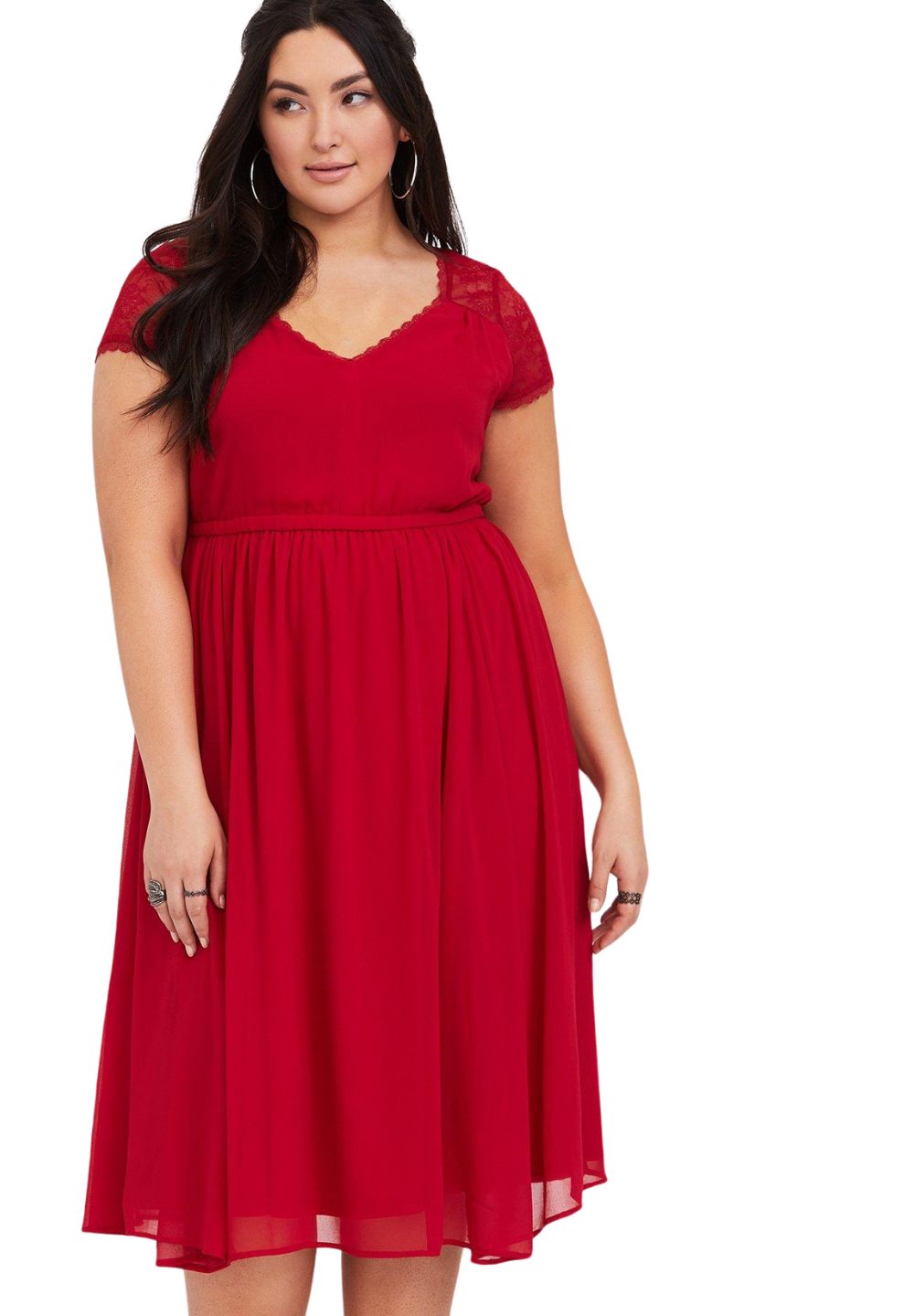 Torrid Midi Chiffon Red Lace Inserts Dress, Size 30