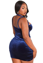 Load image into Gallery viewer, Pretty Little Thing Navy Velvet Asymmetric Strap Ruched Bodycon Dress, Size 12 and 16
