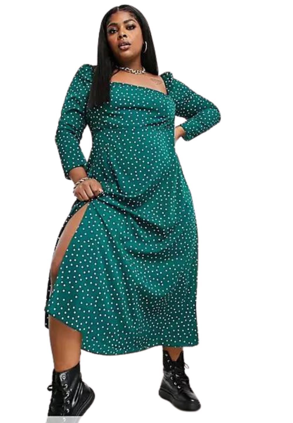 Asos Square Neck Midi Skater Dress in Green Polka Dot, Size 26