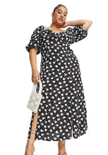 Load image into Gallery viewer, ASOS puff sleeve ruched bust midi split dress in floral and heart print, Size 26
