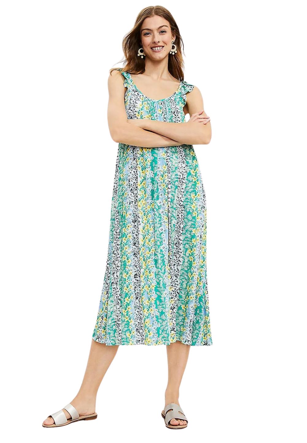 Loft Floral Ruffle Strap Midi Dress, Size XL