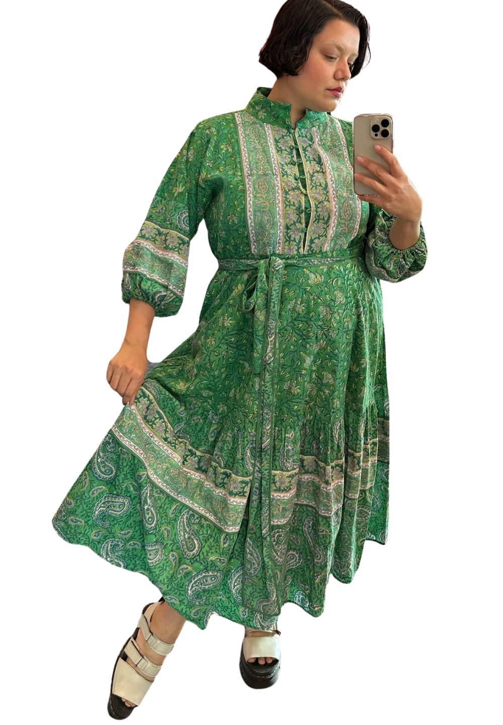 Sue Sartor Green Paisley Kaftan Dress, Size XL