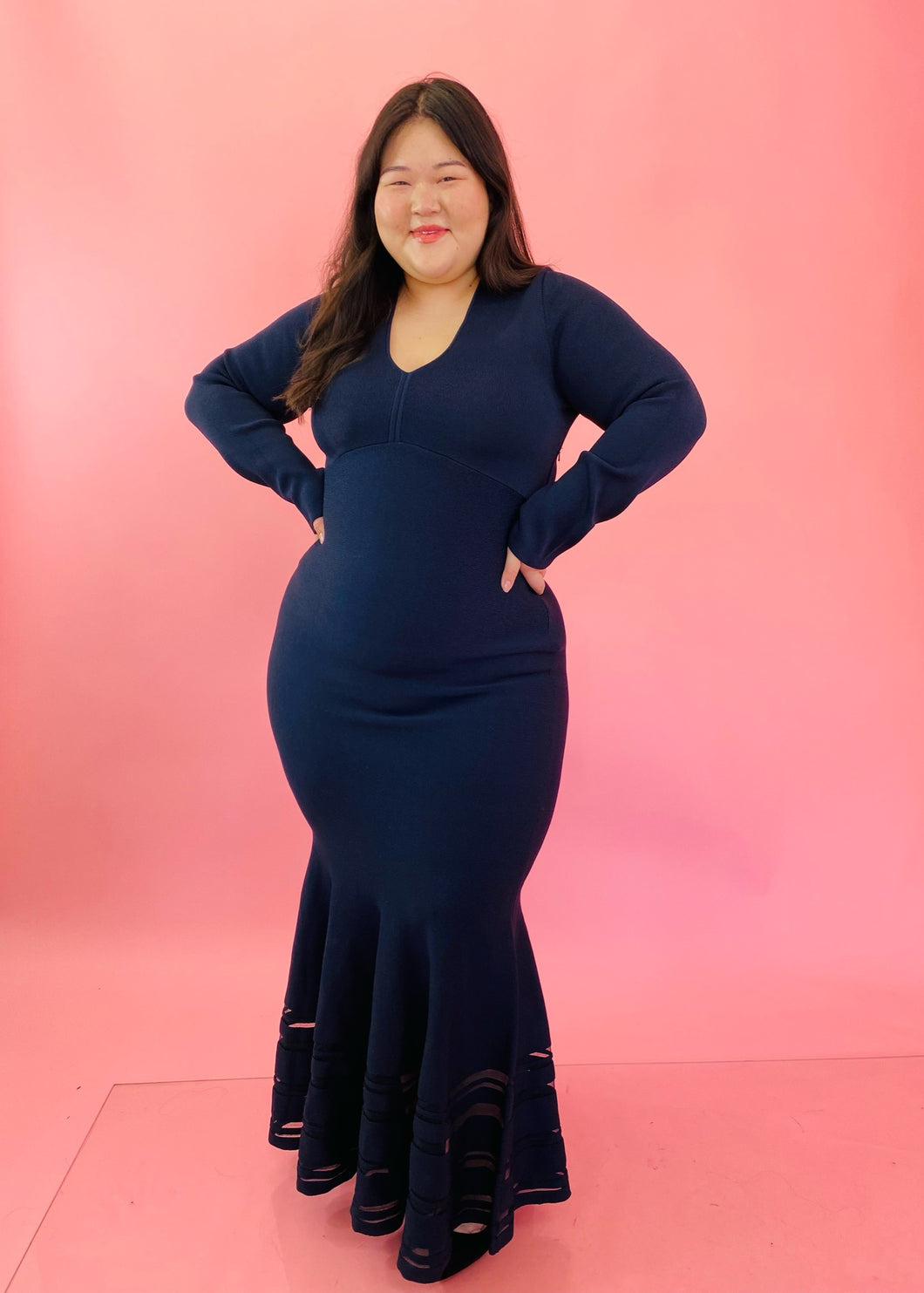 Zac Posen Long Sleeve Navy Maxi Gown With Mermaid Tail, Size XL