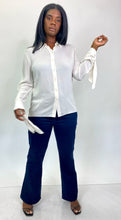 Load image into Gallery viewer, Michael Kors Off-White Sheer-Leaning Button Up with Tie Cuff Details, Size 14
