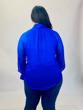 Load image into Gallery viewer, J.C. Obando Electric Cobalt Blue Blouse with Sheer Sleeves and Pussybow, Multiple Sizes
