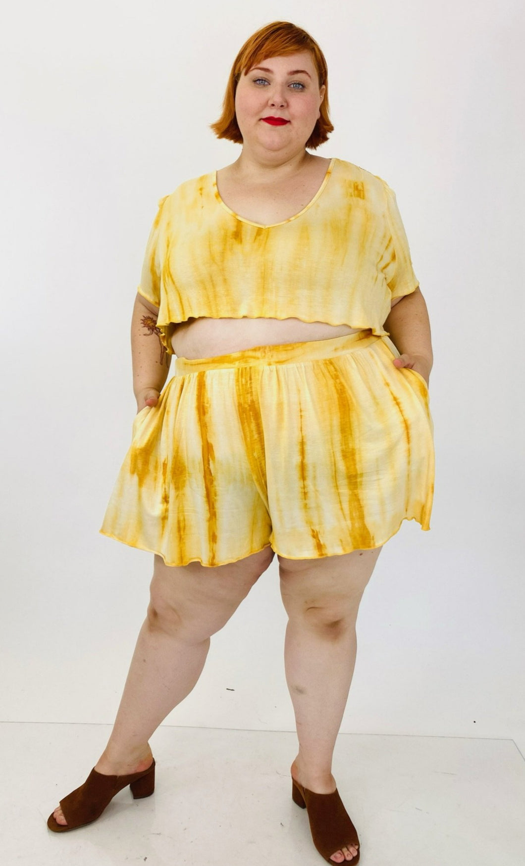 The Plus Bus Line Yellow and White Buttercream Crop and Shorts 2-Piece Set, Multiple Sizes!