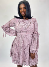 Load image into Gallery viewer, Free People Lavender Crochet Lace Ruffled Mini Dress with Tie Details and Puff Sleeves, Size L
