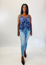 Load image into Gallery viewer, Rebecca Taylor Exclusives Blue Silk Floral Tank Top with Ruffle Details, Size 12
