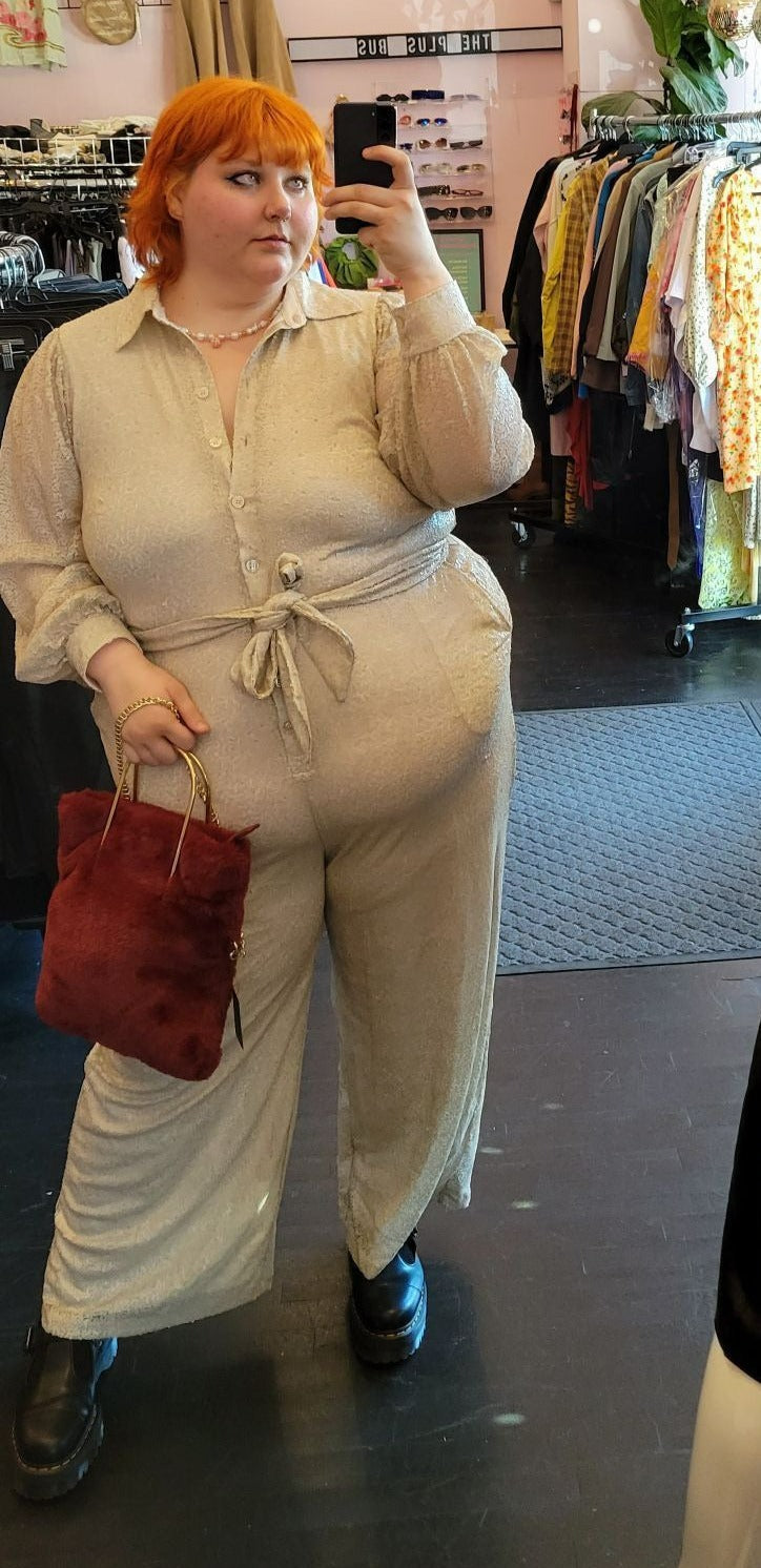 Eloquii Off White Sequin Button Up Jumpsuit with Tie Belt Size 22