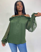Load image into Gallery viewer, J.C. Obando Off-The-Shoulder Forest Green Blouse with Sheer Puff Sleeves, Size 14
