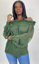 Load image into Gallery viewer, J.C. Obando Off-The-Shoulder Forest Green Blouse with Sheer Puff Sleeves, Size 14
