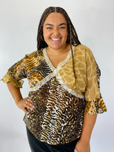 Load image into Gallery viewer, Speed Limit NYC Vintage Brown and Yellow Mixed Animal Print Blouse, Size 3X
