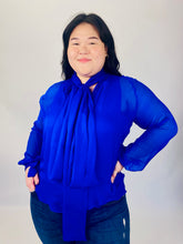 Load image into Gallery viewer, J.C. Obando Electric Cobalt Blue Blouse with Sheer Sleeves and Pussybow, Multiple Sizes
