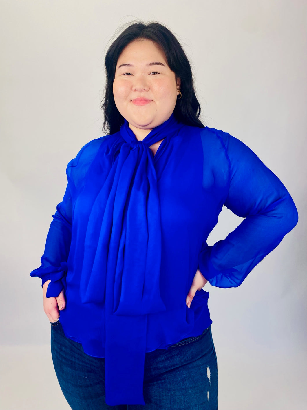 J.C. Obando Electric Cobalt Blue Blouse with Sheer Sleeves and Pussybow, Multiple Sizes