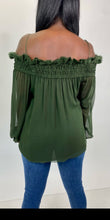 Load image into Gallery viewer, J.C. Obando Off-The-Shoulder Forest Green Blouse with Sheer Puff Sleeves, Size 14
