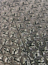 Load image into Gallery viewer, Close-up detail shot of the silver metallized fibers in this size 16 Michael Kors dark gray and silver textured midi dress.
