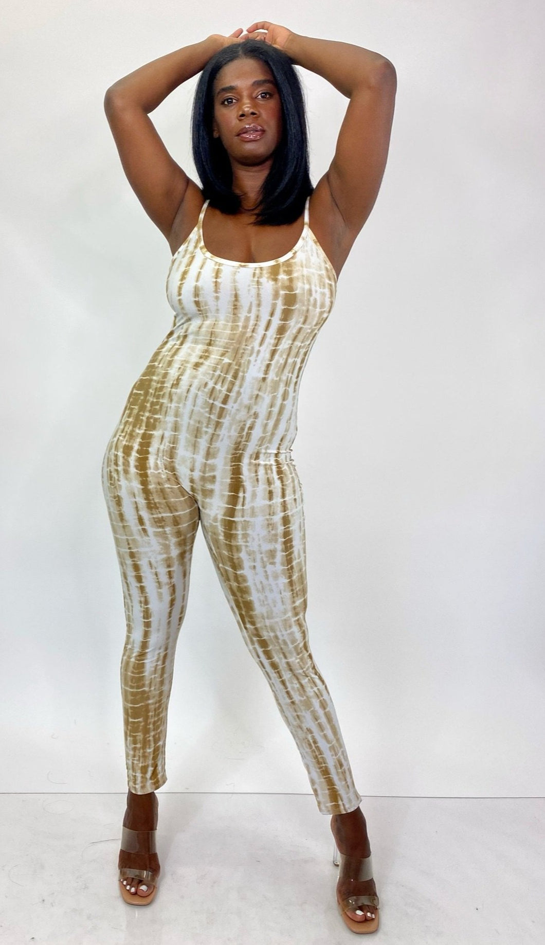 Tabria Majors x Fashion to Figure Light Brown and White Tie Dye Spaghetti Strap Jumpsuit, Size 1