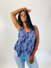 Load image into Gallery viewer, Rebecca Taylor Exclusives Blue Silk Floral Tank Top with Ruffle Details, Size 12
