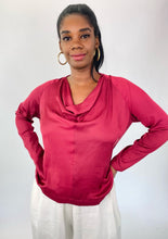 Load image into Gallery viewer, Size 12 Maria Cornejo for 11Honoré berry pink cowl neck satin top on a size 12 model.
