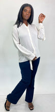 Load image into Gallery viewer, Michael Kors Off-White Sheer-Leaning Button Up with Tie Cuff Details, Size 14
