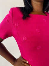 Load image into Gallery viewer, Close up detail shot of the sleeves and floral embroidered details on this size 16 Kasper vintage hot pink shift dress on a size 12 model.
