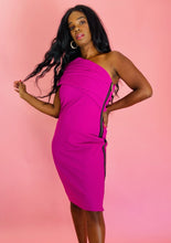 Load image into Gallery viewer, Front view size 16 Haney for 11 Honoré bright fuchsia one-shoulder strapless midi dress with side zipper detail on a size 10/12 model.

