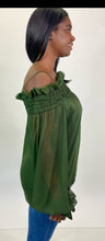 Load image into Gallery viewer, J.C. Obando Off-The-Shoulder Forest Green Blouse with Sheer Puff Sleeves, Size 14

