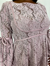 Load image into Gallery viewer, Free People Lavender Crochet Lace Ruffled Mini Dress with Tie Details and Puff Sleeves, Size L
