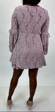 Load image into Gallery viewer, Free People Lavender Crochet Lace Ruffled Mini Dress with Tie Details and Puff Sleeves, Size L
