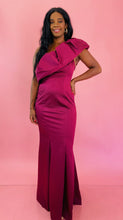 Load image into Gallery viewer, Full-body front view of a Zac Posen plum colored one-shoulder ruffle detail full-length evening gown on a size 10/12 model.
