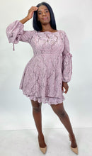 Load image into Gallery viewer, Free People Lavender Crochet Lace Ruffled Mini Dress with Tie Details and Puff Sleeves, Size L

