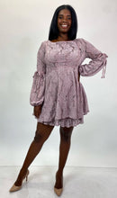 Load image into Gallery viewer, Free People Lavender Crochet Lace Ruffled Mini Dress with Tie Details and Puff Sleeves, Size L
