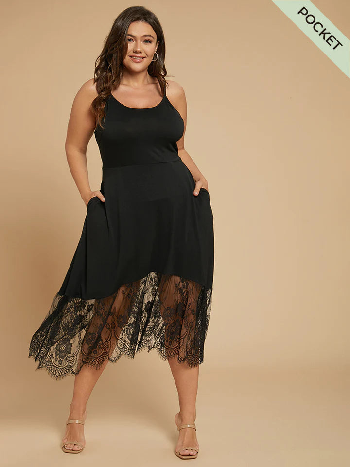 BLOOMCHIC CAMI DRESS WITH POCKETS AND CONTRAST LACE BOTTOM HEM