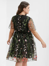 Load image into Gallery viewer, BLOOMCHIC MESH EMBROIDERED FLORAL V-NECK ELASTIC WAIST SHEER DRESS
