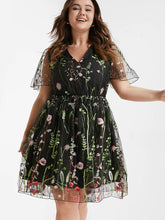 Load image into Gallery viewer, BLOOMCHIC MESH EMBROIDERED FLORAL V-NECK ELASTIC WAIST SHEER DRESS
