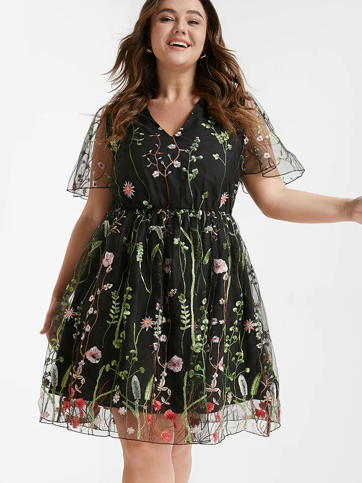 BLOOMCHIC MESH EMBROIDERED FLORAL V NECK ELASTIC WAIST SHEER DRESS