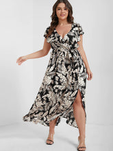 Load image into Gallery viewer, BLOOMCHIC TROPICAL PRINT V-NECK SPLIT HEM DRESS PLUS SIZES
