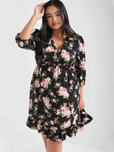 Load image into Gallery viewer, Black Floral Print Ruffle Elastic Waist &amp; V-Neck Midi Dress 3/4 length sleeves
