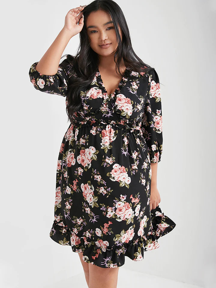 Black Floral Print Ruffle Elastic Waist & V-Neck Midi Dress 3/4 length sleeves